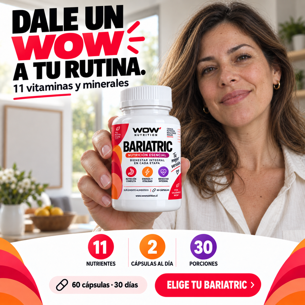 Persona sosteniendo el envase actual de WOW Bariatric. Texto: Dale un WOW a tu rutina. Elige tu Bariatric.
