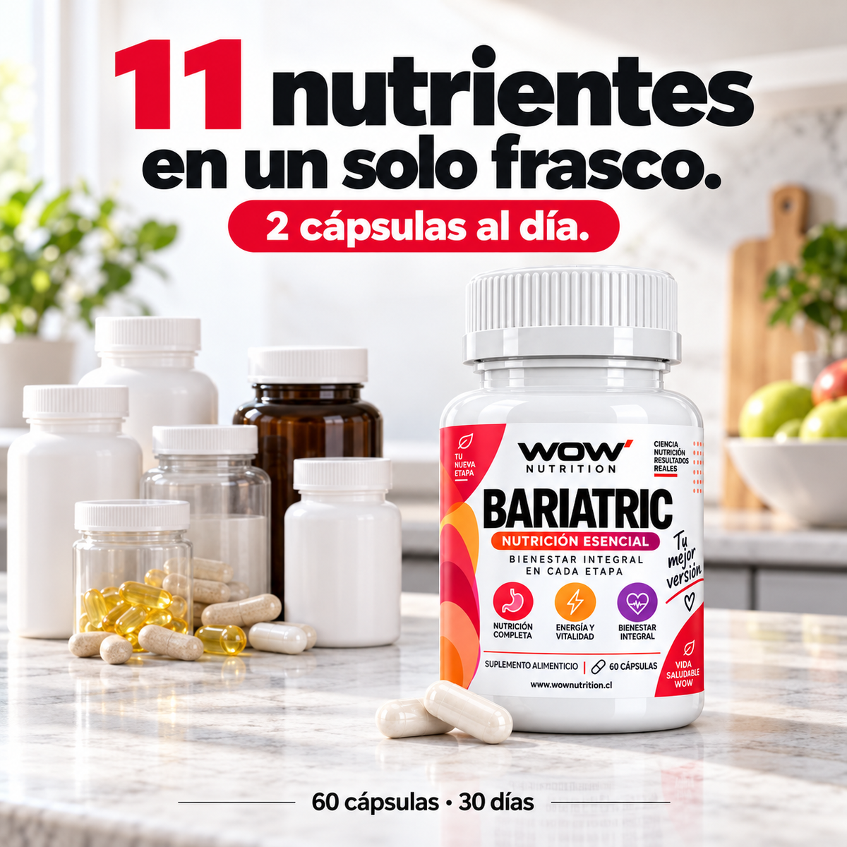 Varios frascos frente a WOW Bariatric: 11 nutrientes en 2 cápsulas al día.