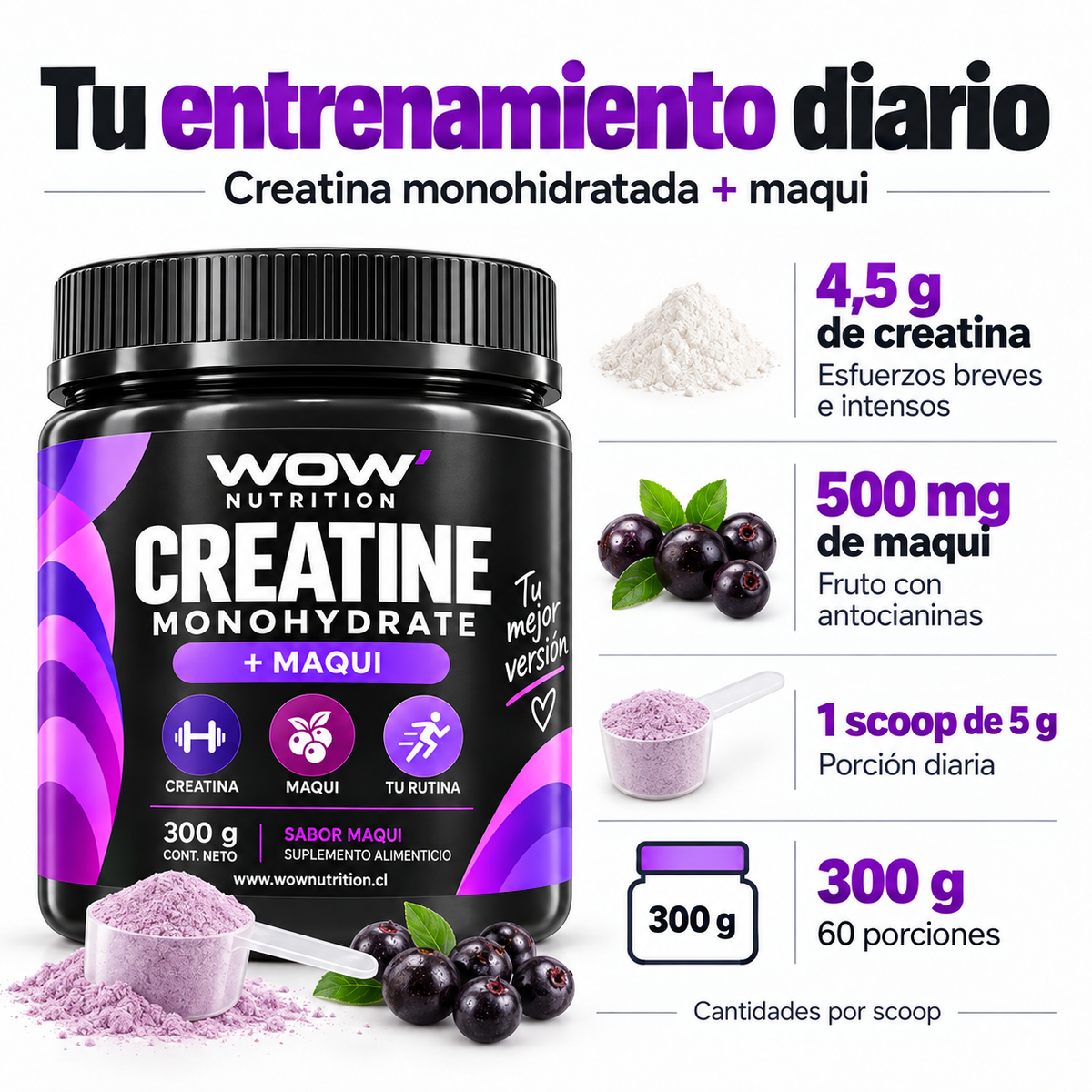 WOW creatine-maqui: frasco, ingredientes y explicación de la fórmula.