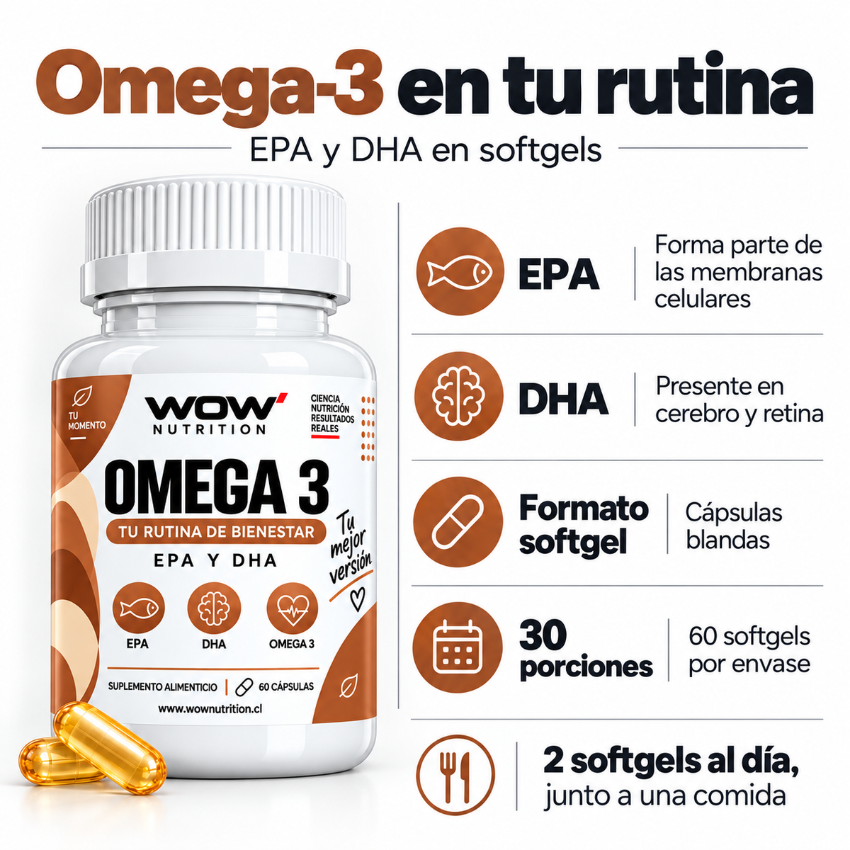 WOW omega-3: frasco, ingredientes y explicación de la fórmula.
